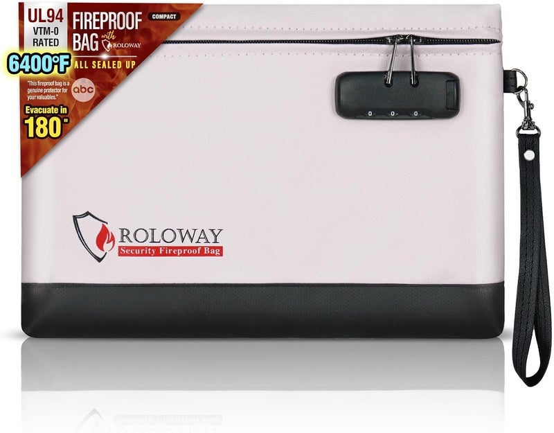 ROLOWAY Fireproof Money Bag with Lock for Cash, 6400°F Fire Proof Document Bag (12.2 x 8.5 x1.6 inches), Money Pouch with Zipper (Gray) - Image 1